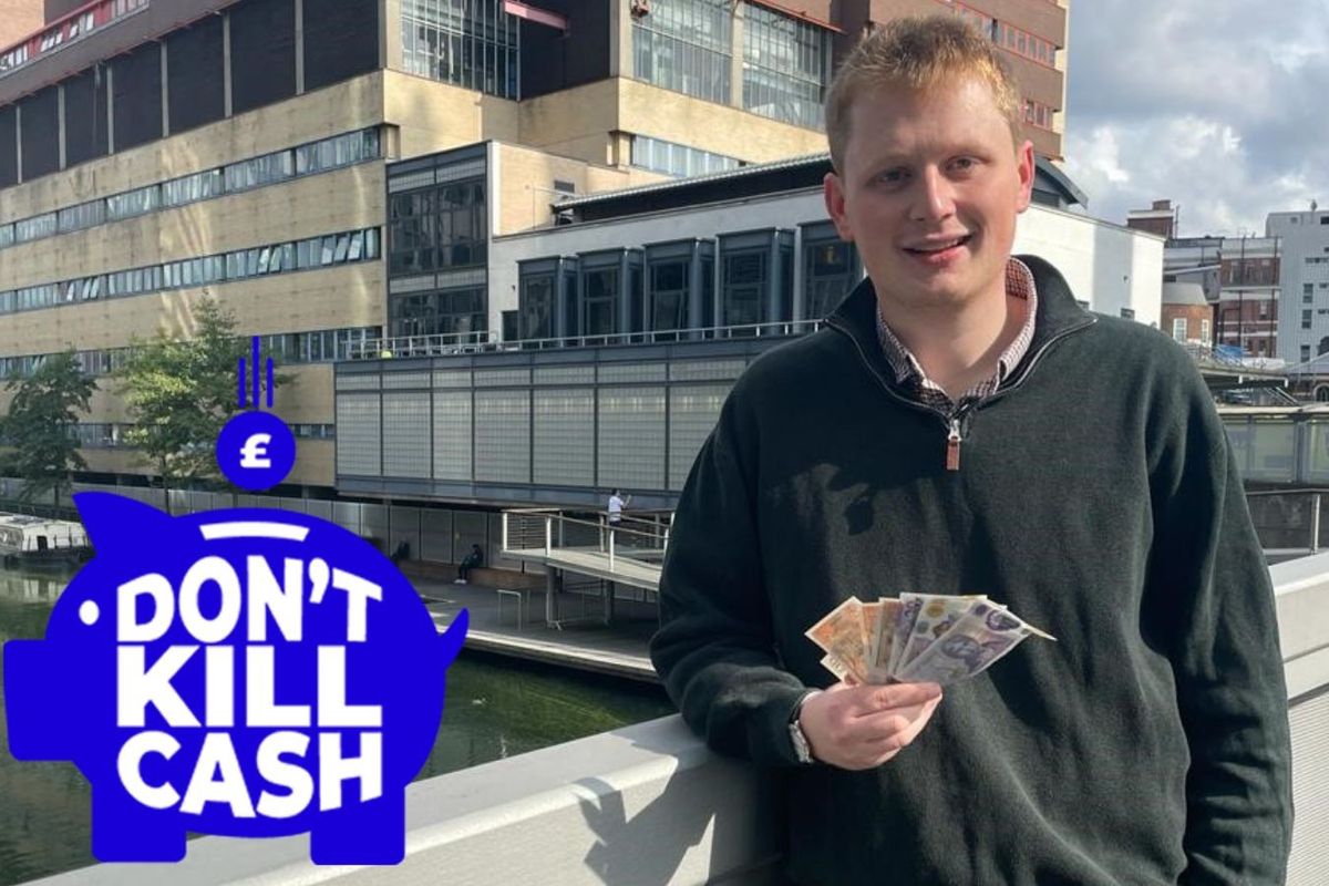 GB News reporter Jack Walters holding a wad of cash with GB News' Don't Kill Cash overlay