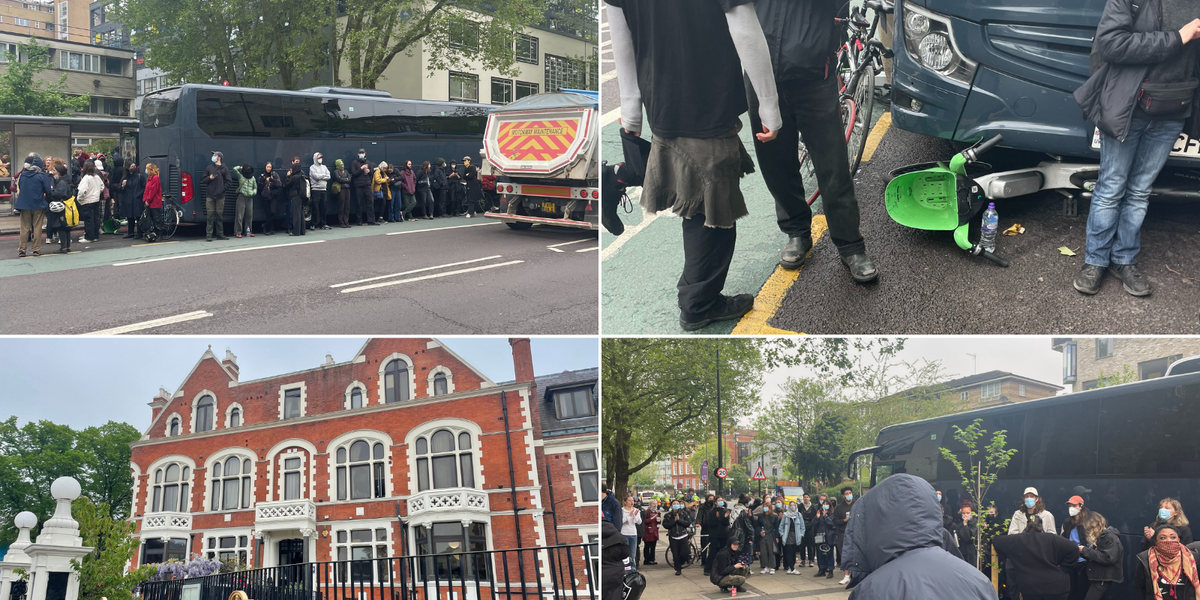 NextImg:Rwanda chaos: Protesters lodge scooter under London coach to stop migrants being shipped to Bibby Stockholm