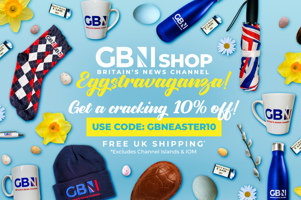 GBN Shop easter sale banner pictured with a selection of merchandise from the GB News online store 