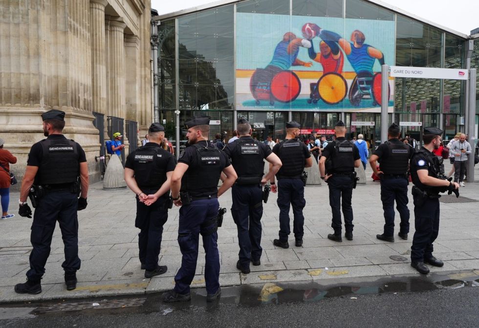 Gendarmes outside Gare Du Nord train station in Paris following disruption
