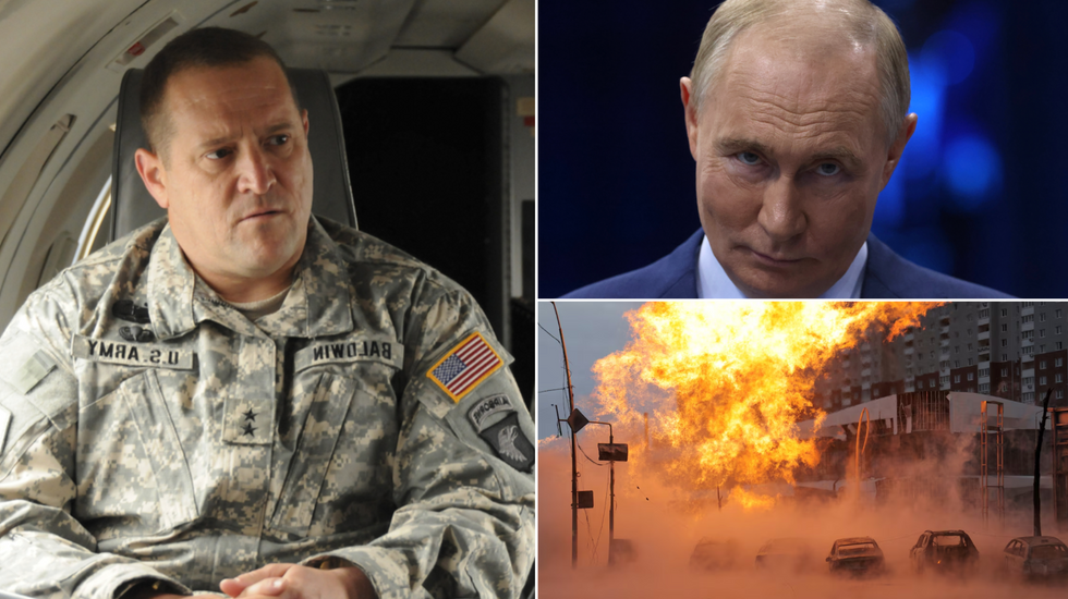 General David Baldwin (left), Vladimir Putin (top right), fires after Russian missile strike in Ukraine (bottom right) General David Baldwin (left), Vladimir Putin (top right), fires after Russian missile strike in Ukraine (bottom right)