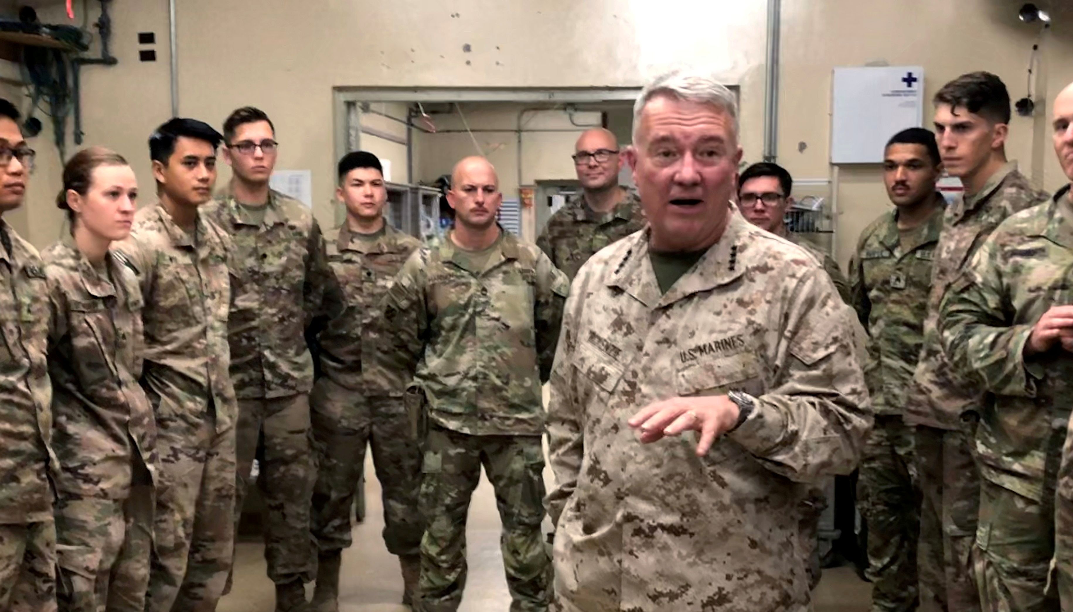 General McKenzie, head of U.S. Central Command, speaks with U.S. troops while visiting Forward Operating Base Fenty in Jalalabad.