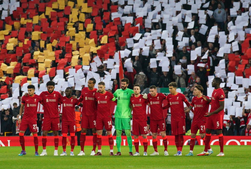 General view as players have a minute silence in remembrance for lives lost at hillsborough the ground ahead of the UEFA Champions League quarter final, second leg match at Anfield, Liverpool. Picture date: Wednesday April 13, 2022.