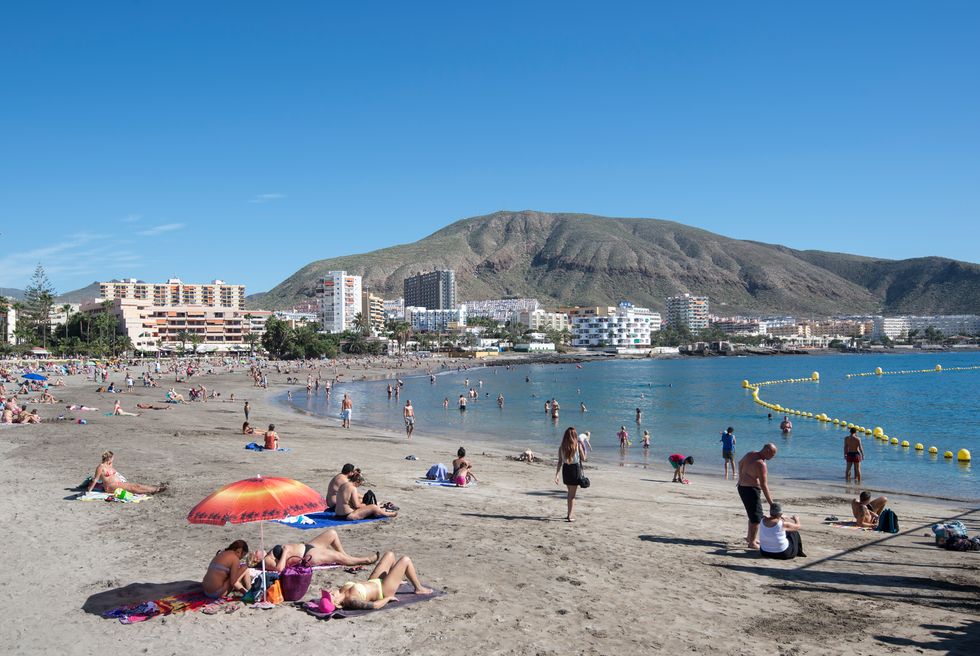 General view of Playa de los Cristianos in Tenerife, Spain.