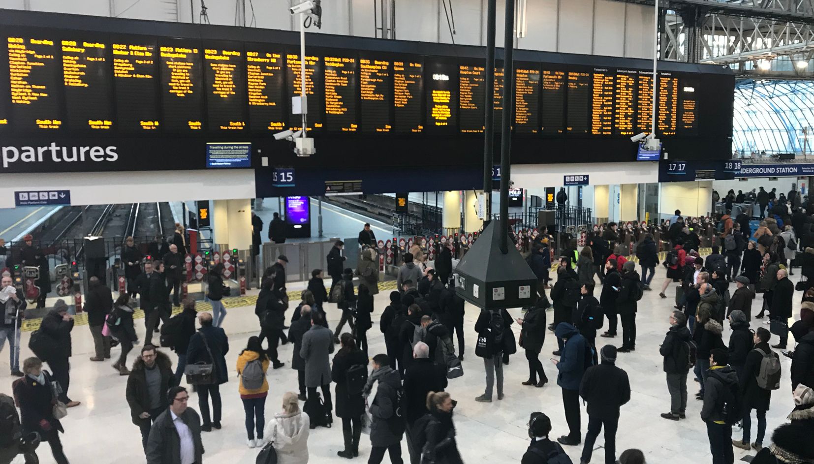 General view of Waterloo station, as hundreds of thousands of rail passengers faced travel misery on Monday at the start of a series of strikes in the long-running dispute over guards on trains.