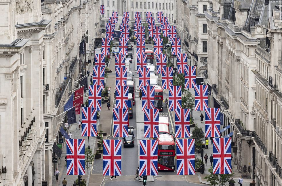 General views of Regent street as over 150 Union Jack flags are put in place above Regent Street and St James