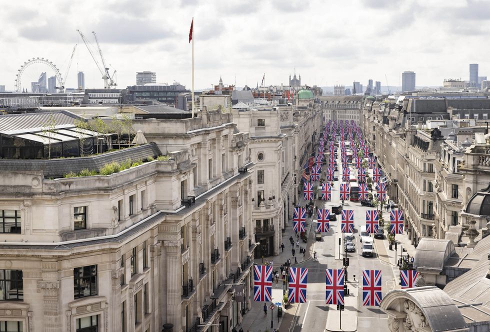 General views of Regent street as over 150 Union Jack flags are put in place above Regent Street and St James