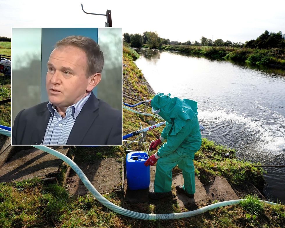 George Eustice alongside a person checking river pollution