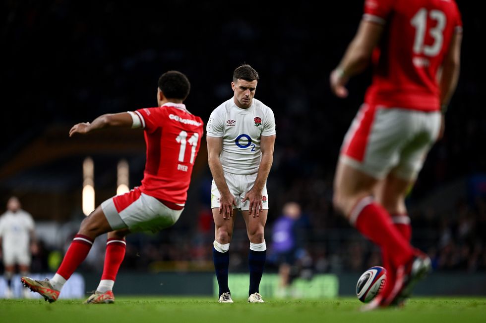 George Ford of England reacts after having his conversion charged down during the Guinness Six Nations 2024 match between England and Wales