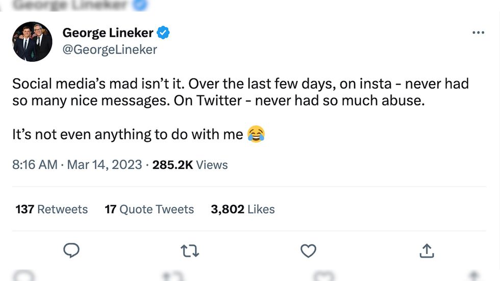 George Lineker's tweet in which he said he had received abuse online for defending Gary Lineker.