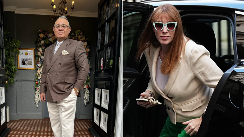 Gez Chetal outside his hotel (left), Angela Rayner getting out of a car (right)
