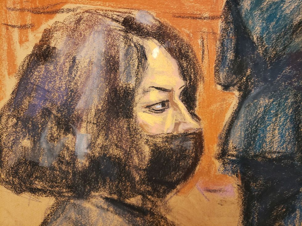 Ghislaine Maxwell watches as FBI Special Agent Kelly Maguire testifies during the trial of Maxwell, the Jeffrey Epstein associate accused of sex trafficking, in a courtroom sketch in New York City, U.S., December 6, 2021. REUTERS/Jane Rosenberg