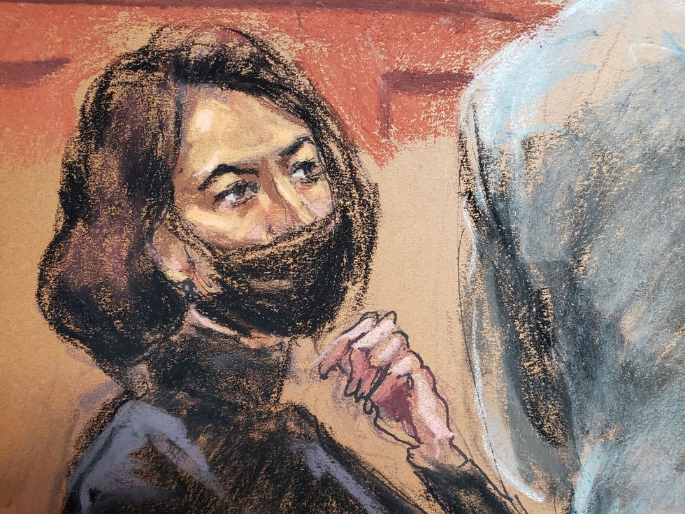 Ghislaine Maxwell watches as witness Eva Andersson is questioned by defense attorney Jeffrey Pagliuca during the trial of Maxwell, the Jeffrey Epstein associate accused of sex trafficking, in a courtroom sketch in New York City, U.S., December 17, 2021. REUTERS/Jane Rosenberg