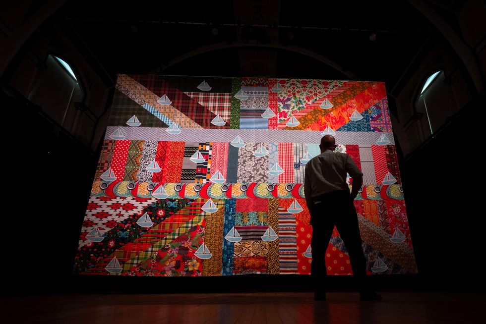 Gil Mualem-Doron\u2019s work The New Union Flag (NUF) is seen at the Corn Exchange, Dorchester on October 20, 2025