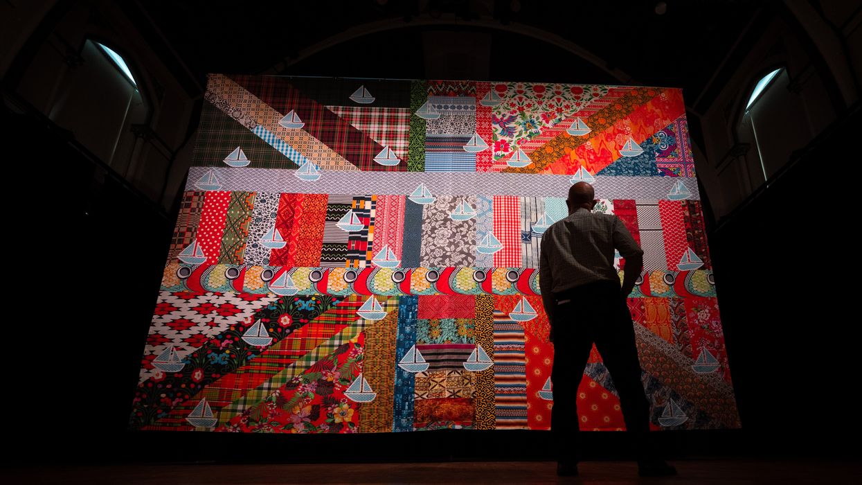 Gil Mualem-Doron’s work The New Union Flag (NUF) is seen at the Corn Exchange, Dorchester on October 20, 2025