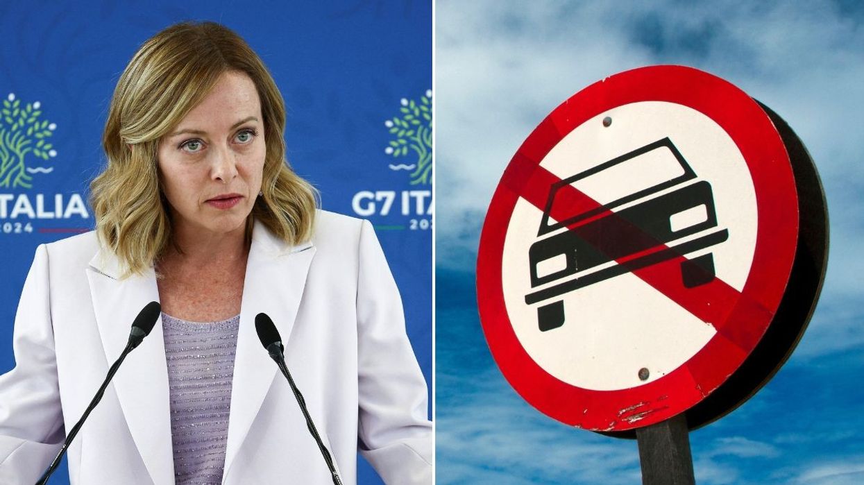 Giorgia Meloni and a car ban sign