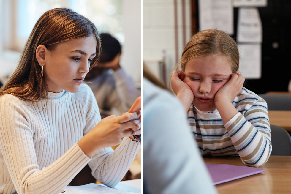 Girl on her phone in classroom and girl falling asleep in classroom