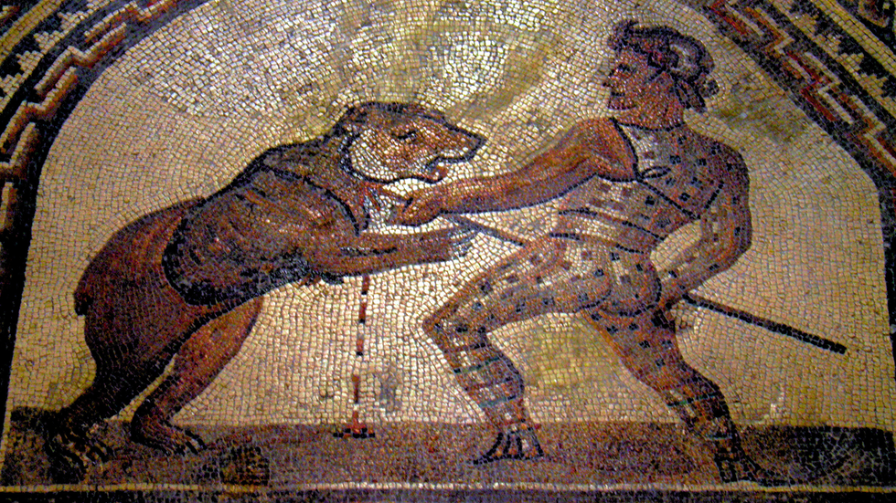 Gladiator fighting a bear mosaic