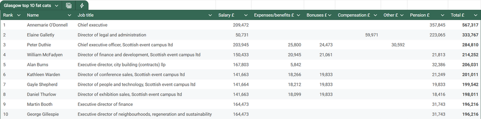 Glasgow top ten fat cats' full earnings breakdown