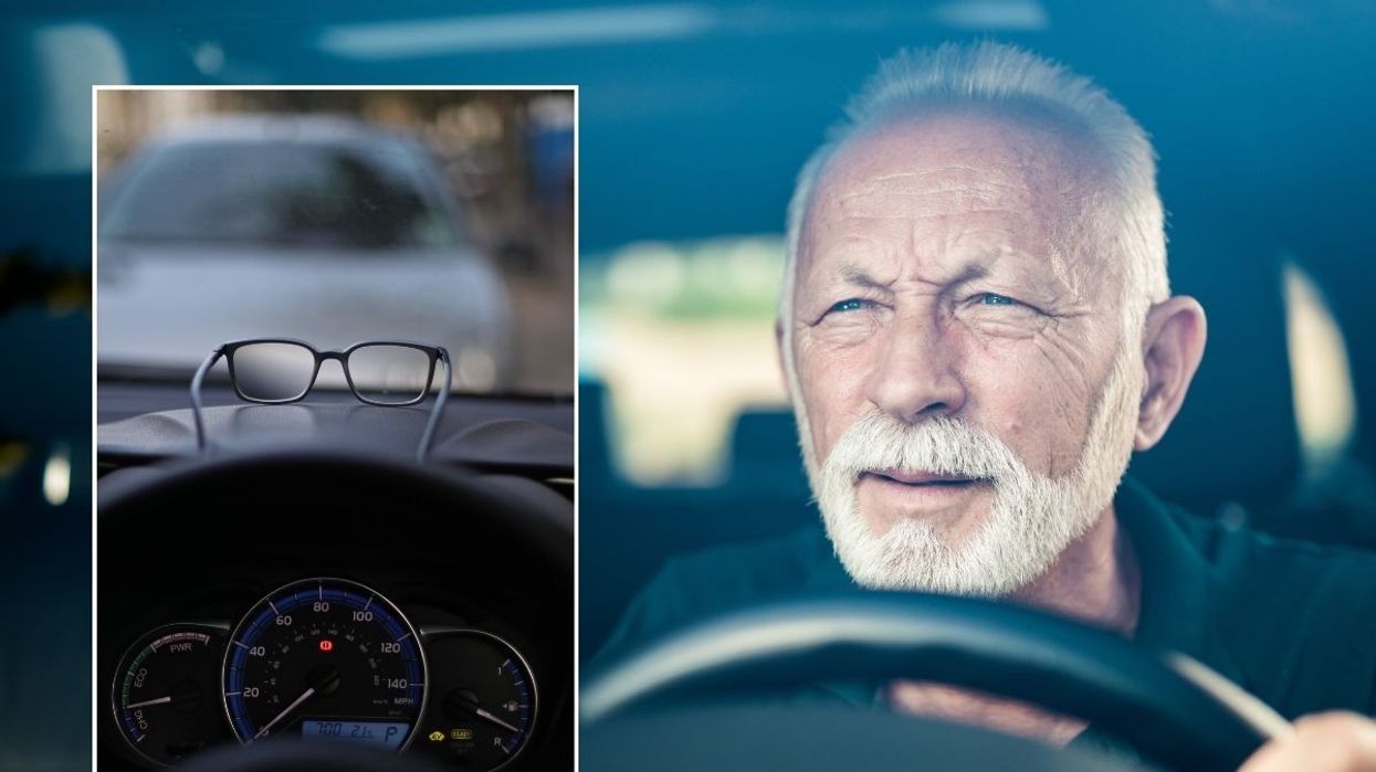 Glasses in a car and an elderly driver
