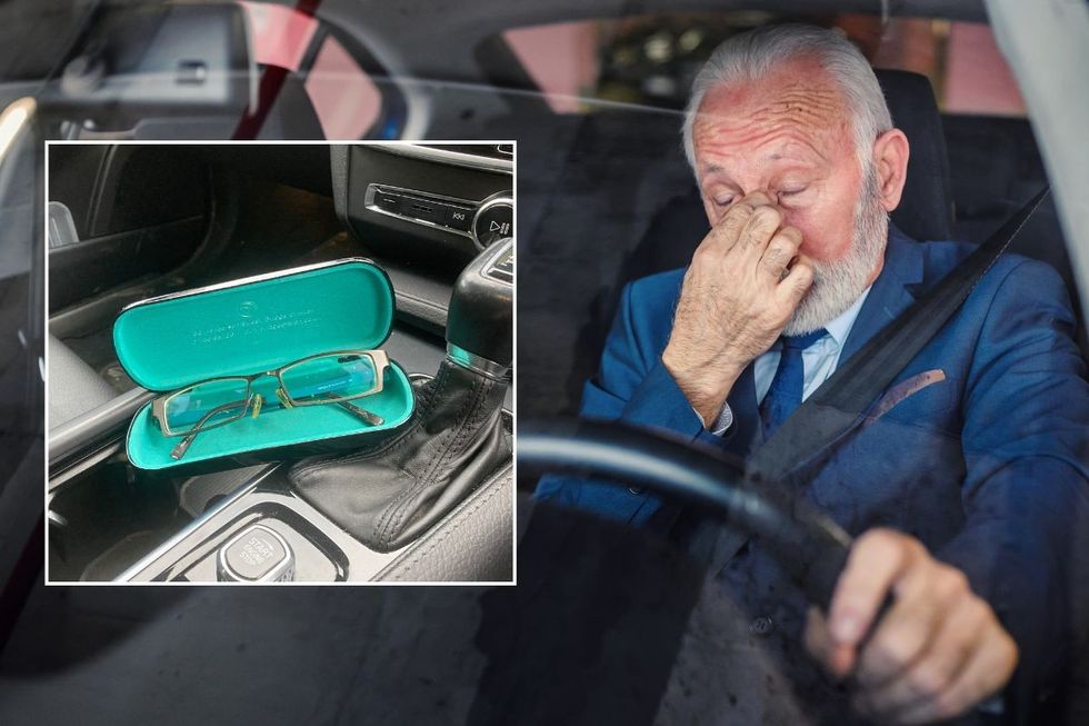 Glasses in a car and an elderly man rubbing his eyes