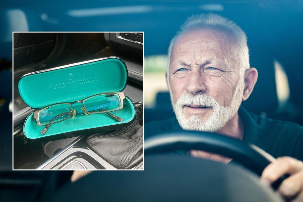 Glasses in a car and an elderly man squinting