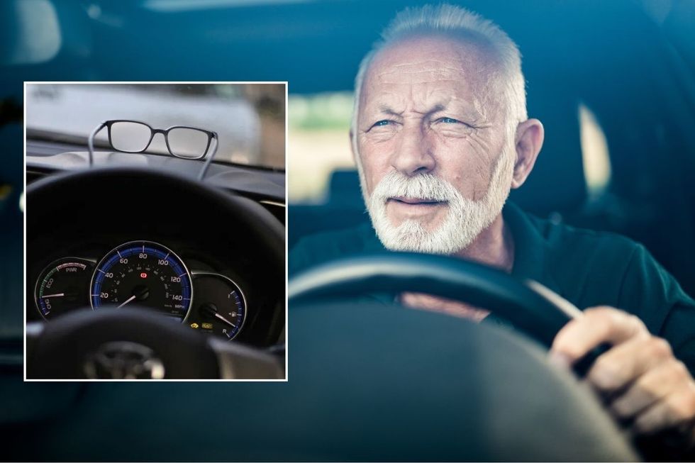 Glasses on a car dashboard and an elderly man