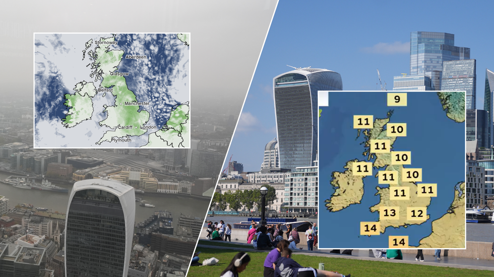 Gloomy weather and cloud map/Sunny London and warm weather map