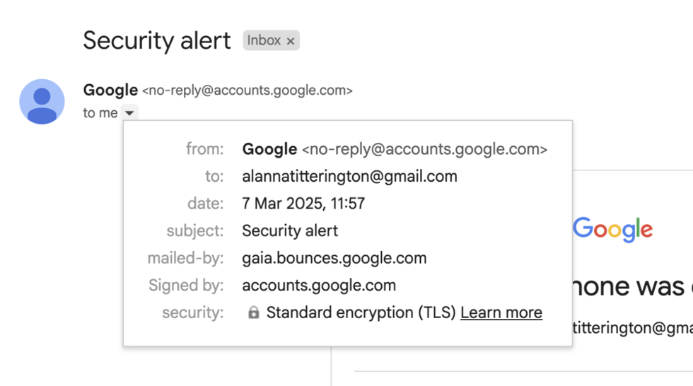 Gmail example with \u201cto\u201d and \u201cmailed-by\u201d fields showing the scam