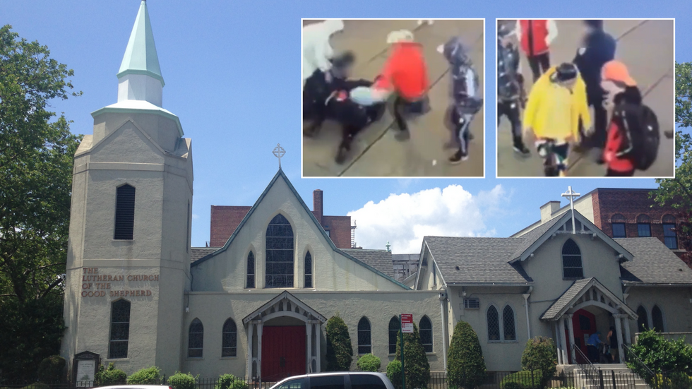 Good Shepherd Lutheran Church in Bay Ridge alongside two insets of the assault