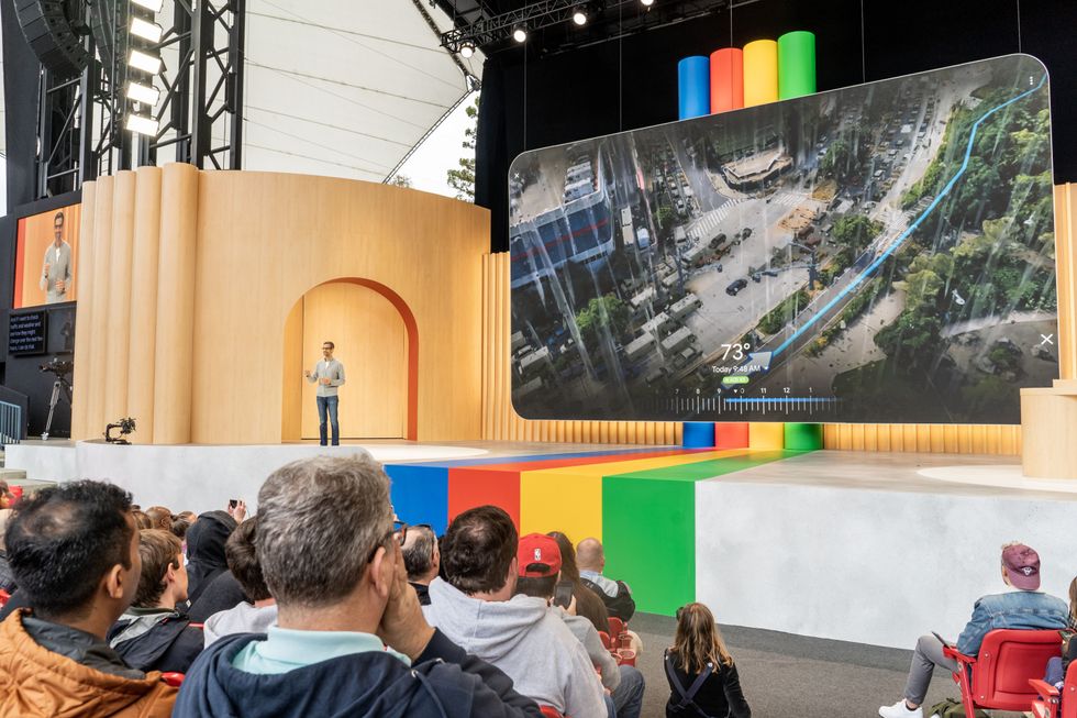 Google CEO Sundar Pichai pictured on-stage at the 2023 Google I/O developer conference