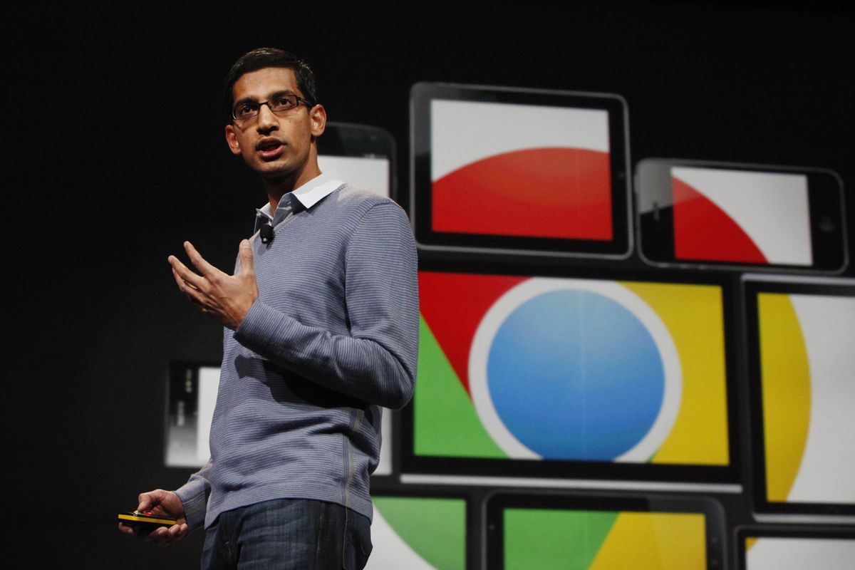 Google CEO Sundar Pichai pictured walking on-stage to discuss google web browser at google io 