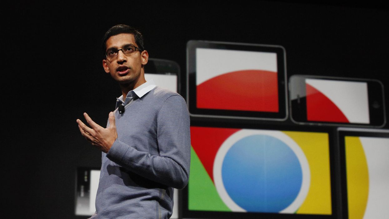 Google CEO Sundar Pichai pictured walking on-stage to discuss google web browser at google io