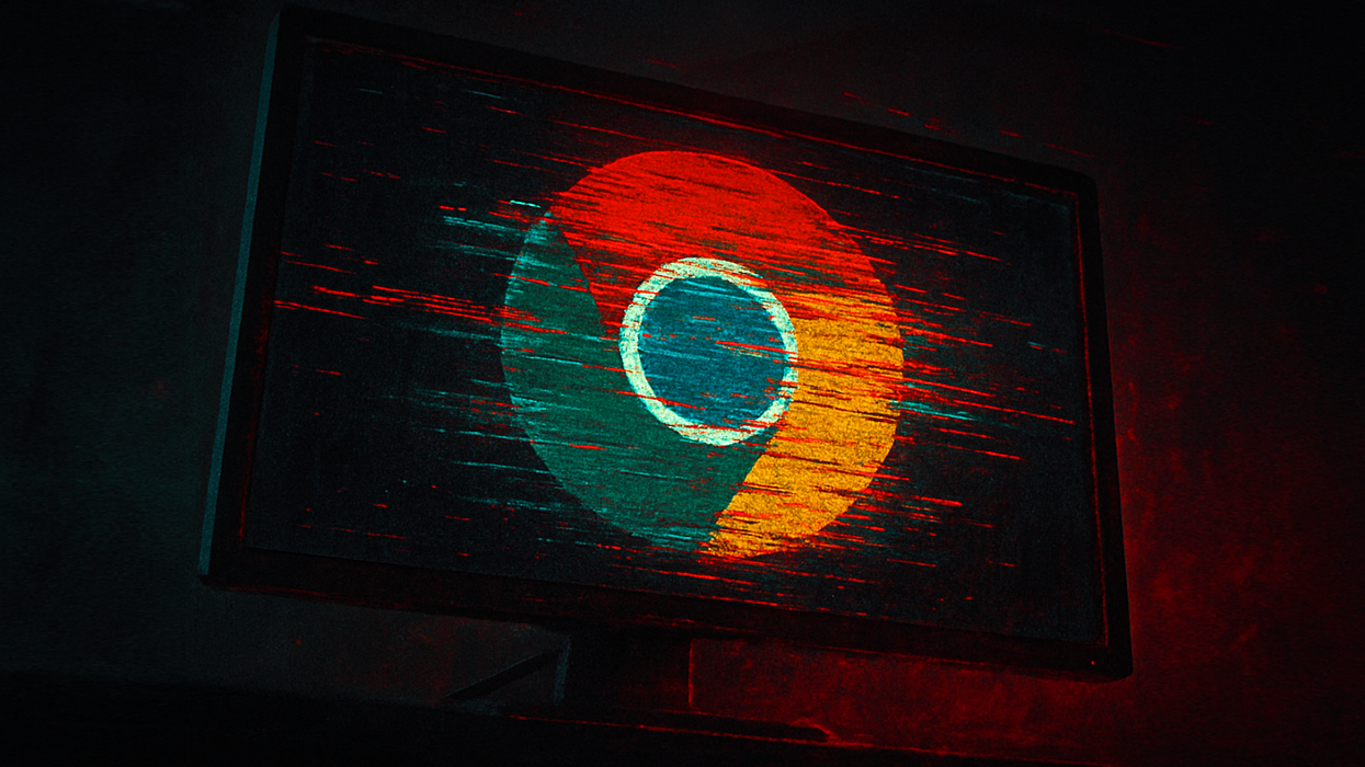 google chrome logo pictured on a desktop pc monitor with glitches