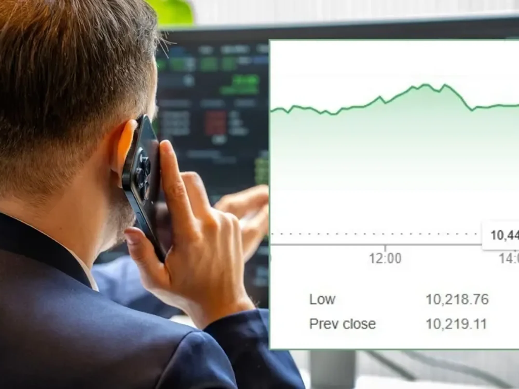 Google Ftse graph and man looking at investments
