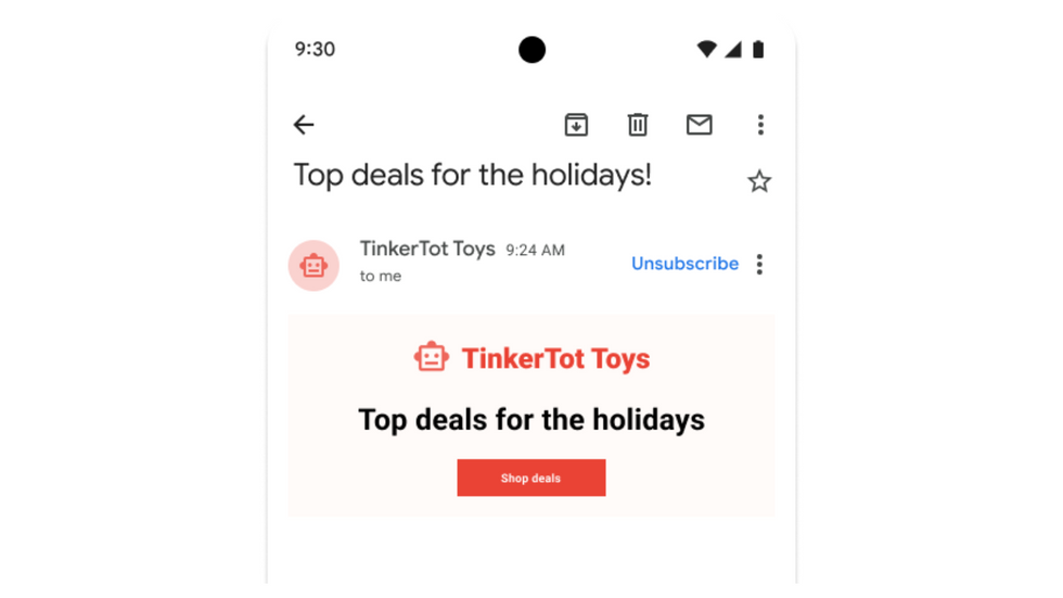 google has moved the unsubscribe button from out of the three-dot button to a more prominent position