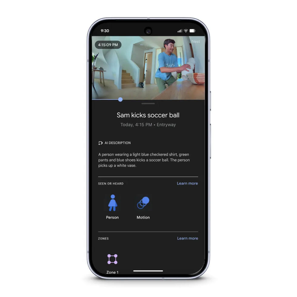 Google Home app displaying video camera footage from the Nest