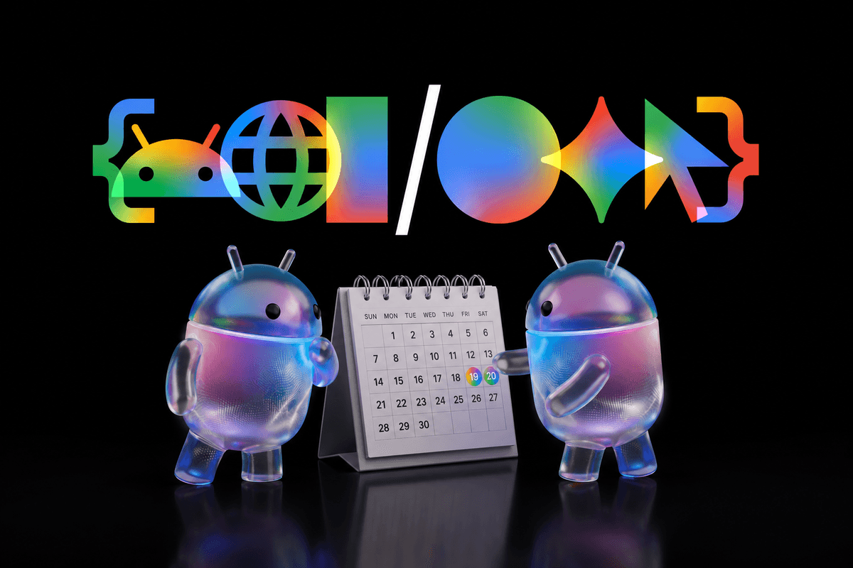 Google I/O logo with Android mascots pointing to calendar