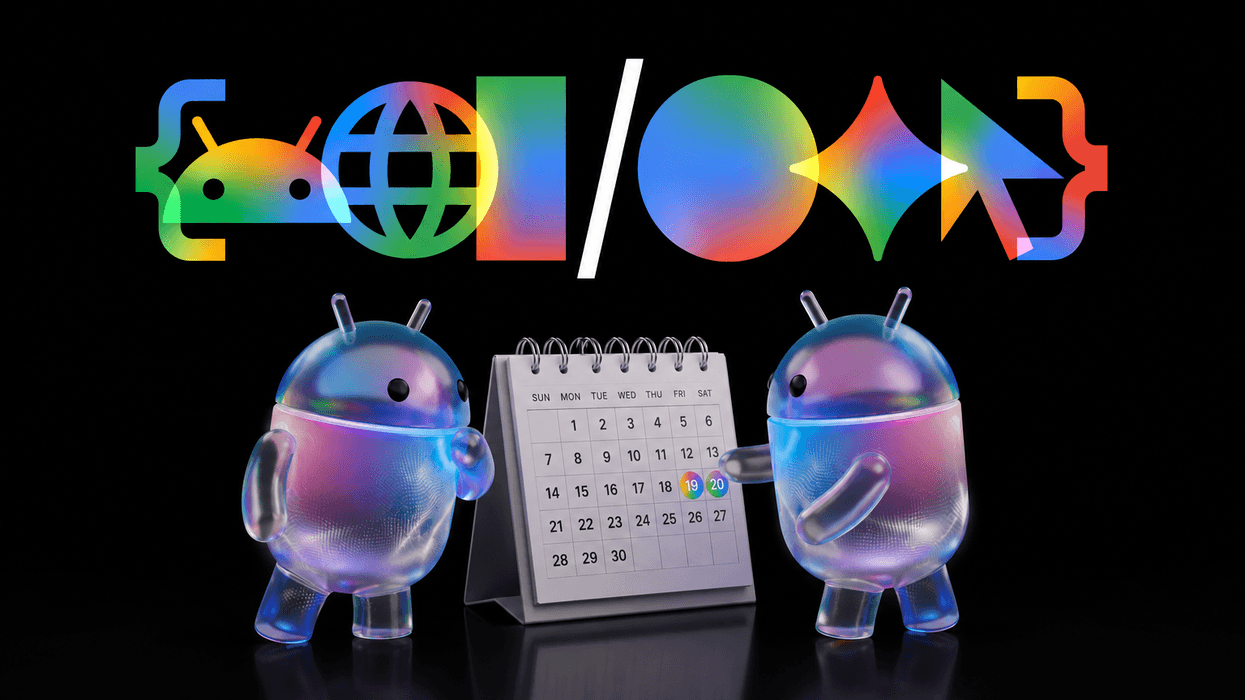 Google I/O logo with Android mascots pointing to calendar