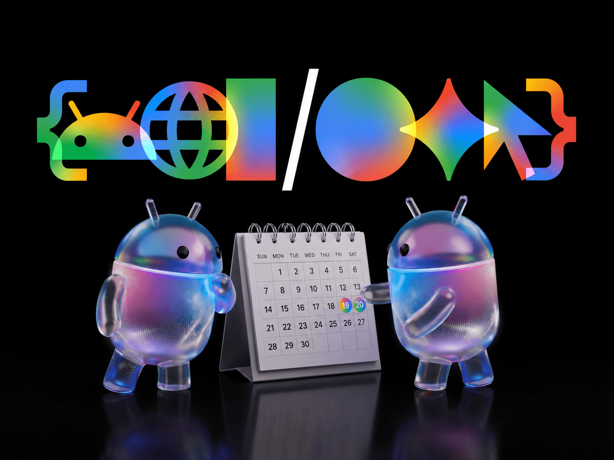 Google I/O logo with Android mascots pointing to calendar