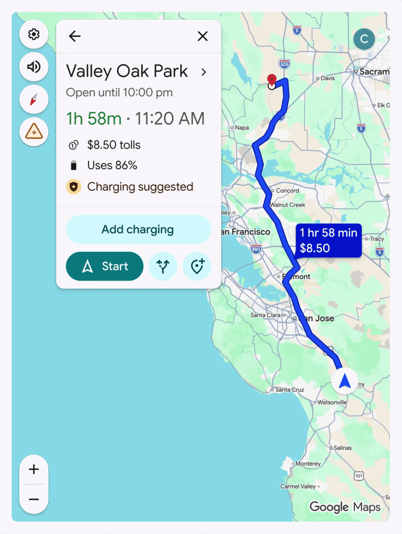 Google Maps showing an electric vehicle battery percentage