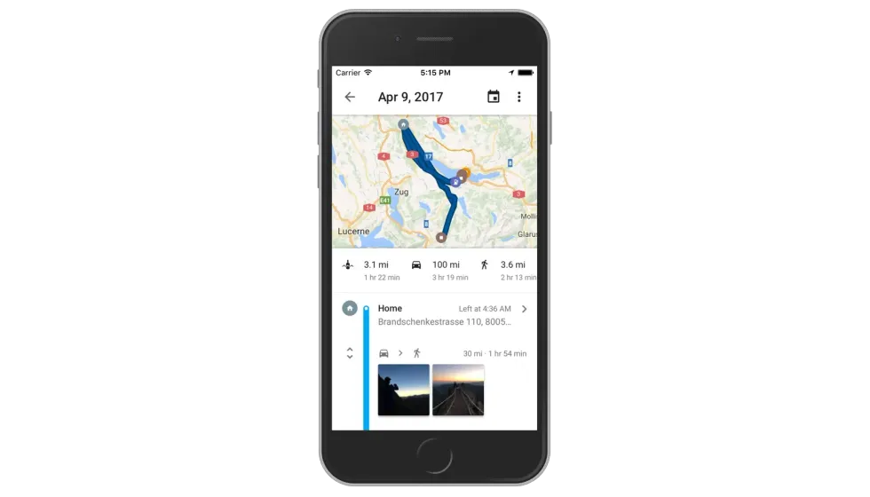 Google Maps Timeline feature pictured on-screen on an iPhone