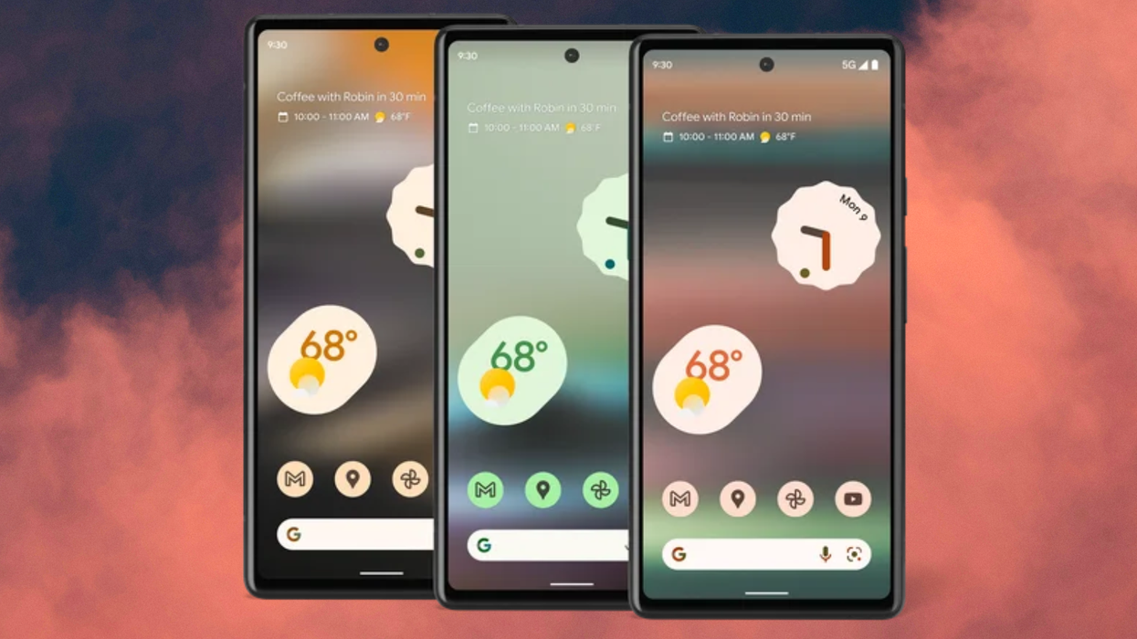 Google Pixel 6a smartphone pictured side-by-side in different colours with a smoke background