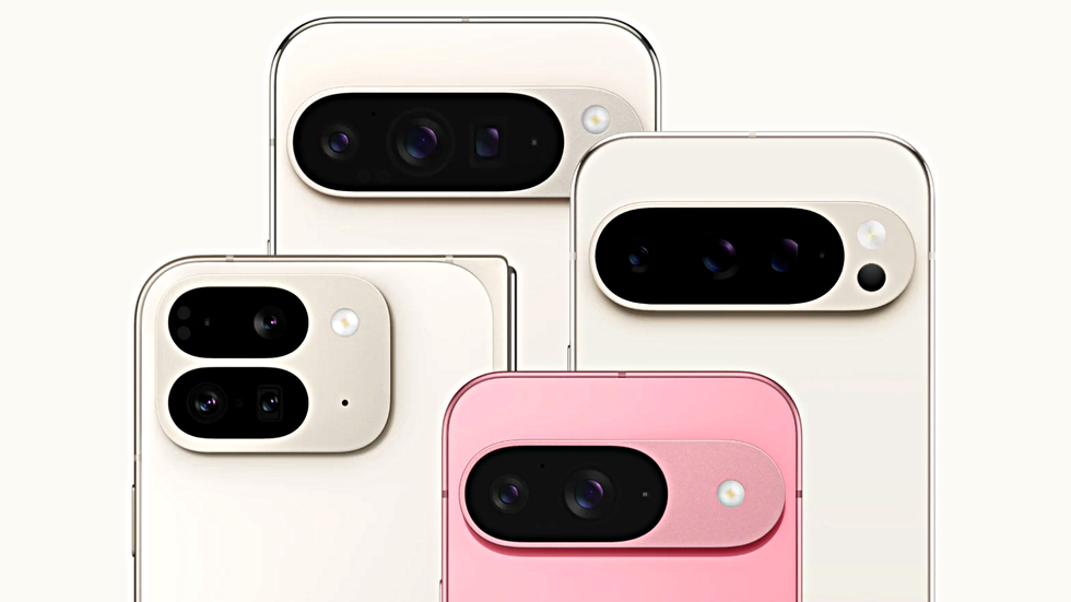 google Pixel 9, Pixel 9 Pro, Pixel 9 Pro XL, and Pixel 9 Pro Fold pictured side by side in the porcelain colour
