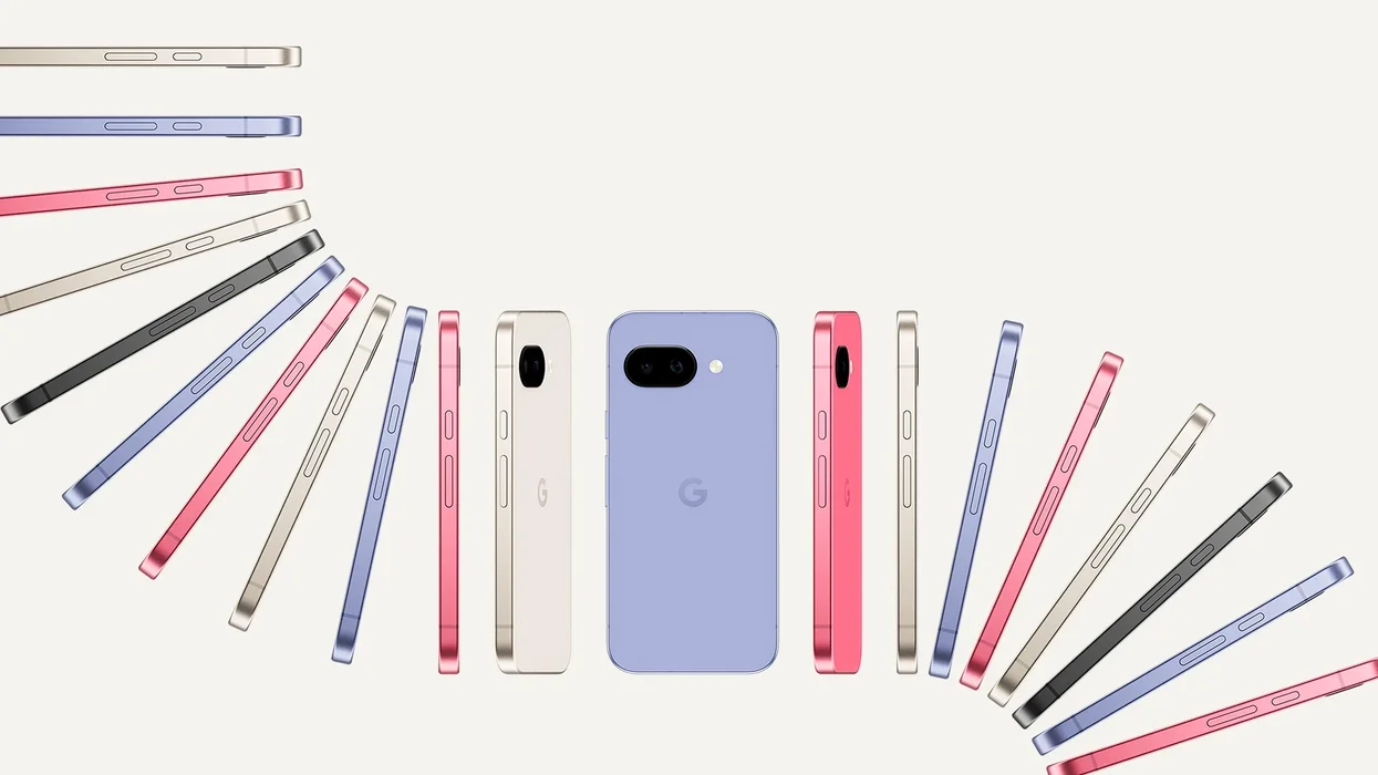 google pixel 9a pictured in all four colours arranged in a pattern on a cream background