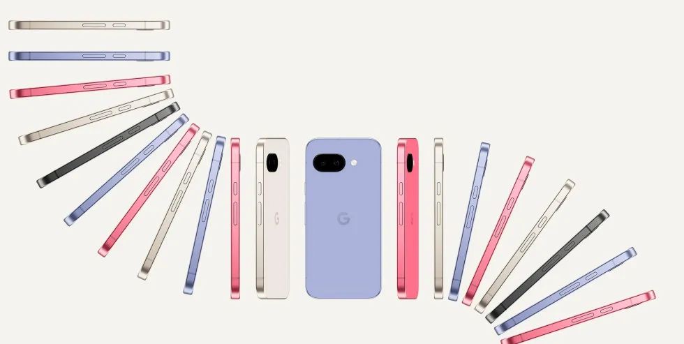 google pixel 9a pictured in all four colours arranged in a pattern