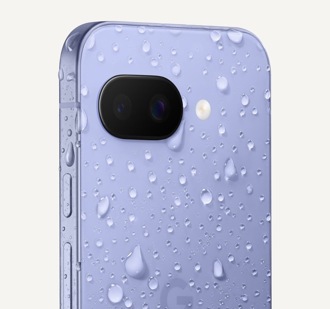 Google Pixel 9a pictured with water droplets covering its Iris case design to showcase the water resistance design