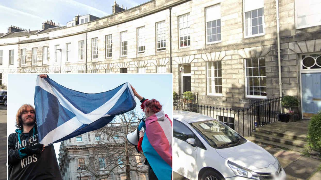 Google Street View of the ERCC along Claremont Crescent, Edinburgh. Inset image of Scottish flag being held alongside a trans pride flag