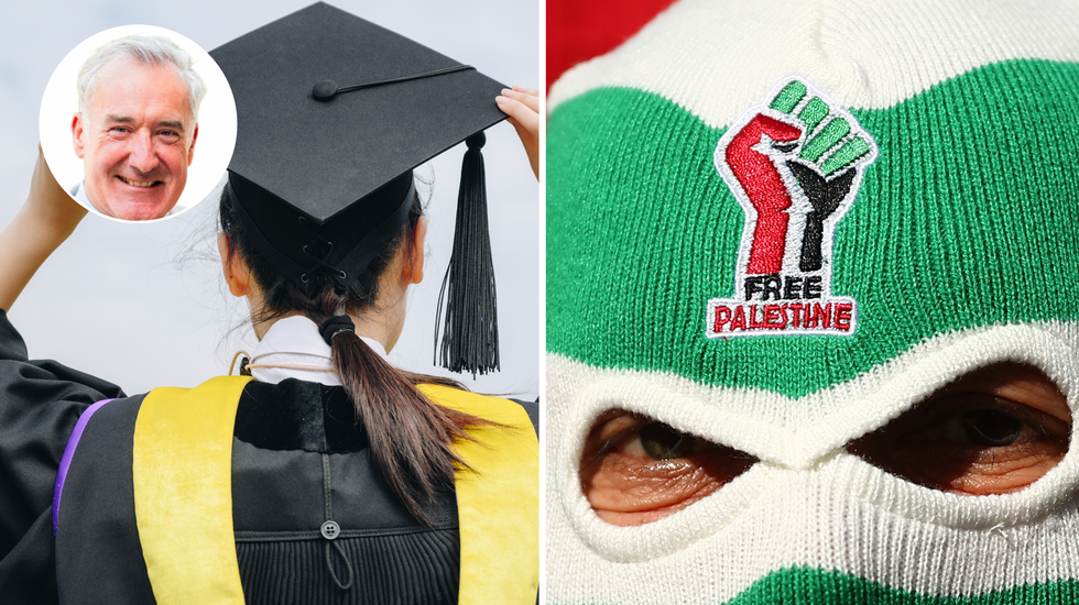 Graduation ceremony (left), A 'Free Palestine' logo adorns a balaclava worn by a protester (right)