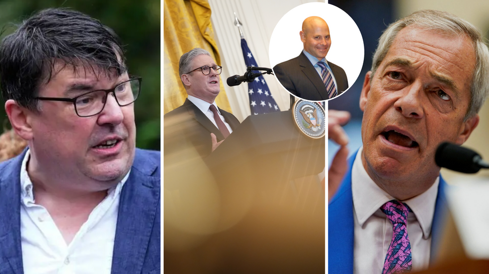 Graham Linehan (left), Keir Starmer (middle), Nigel Farage (right)